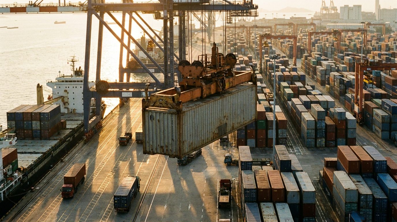 A shipping container lifted by a crane at a container port in southern China at golden hour, ready to ship to a Latin American port