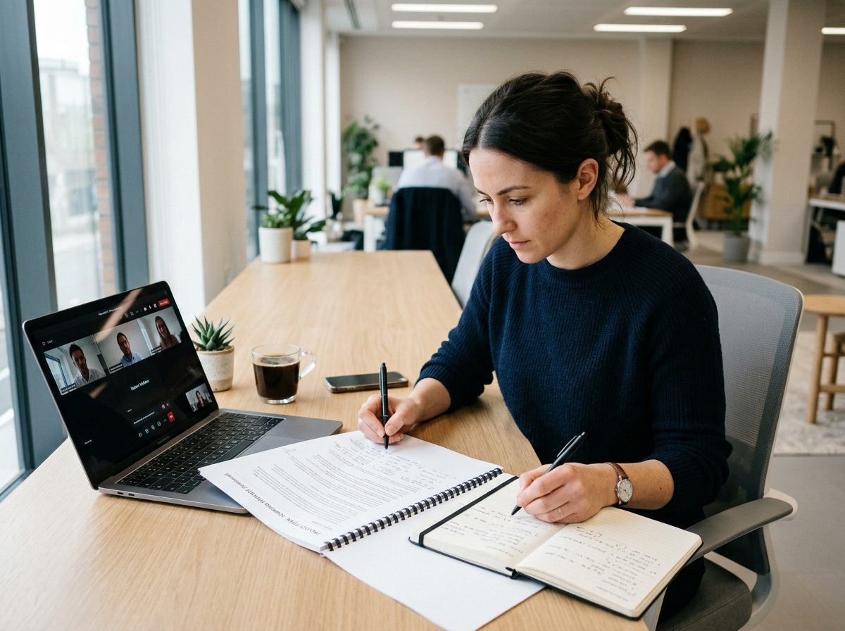 A procurement professional at a desk reviewing a printed sourcing brief and taking notes, a laptop open on a video call beside them