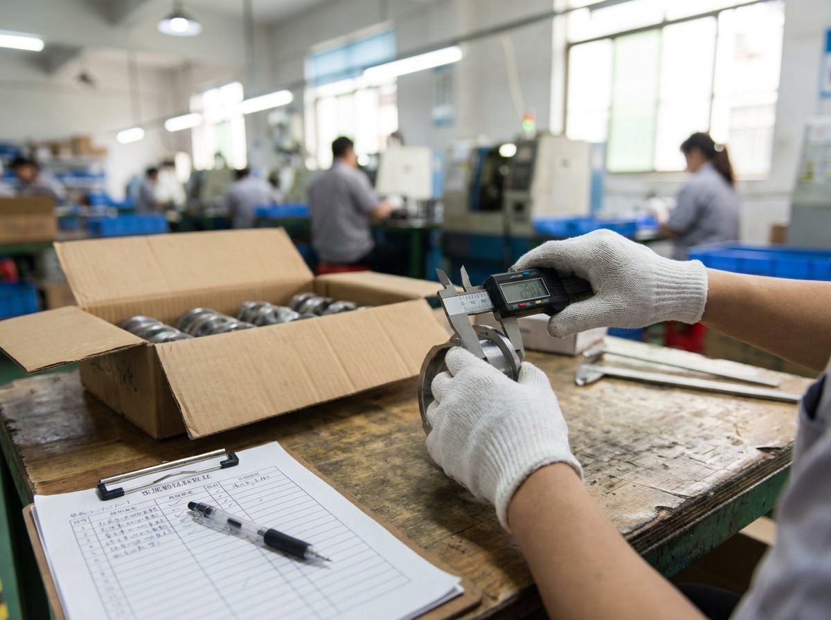 Pre-shipment quality control: an Amity inspector measuring a finished product with a digital caliper next to an open carton and a checklist