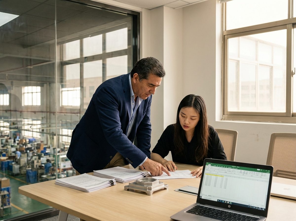 A Latin American buyer and a Chinese factory manager negotiating over a proforma invoice and a product sample in a factory meeting room