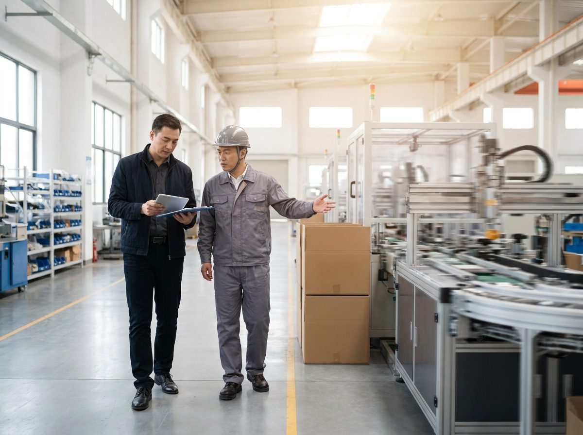 A buyer with a tablet walking a clean modern Chinese factory floor with an engineer, scoring a candidate supplier