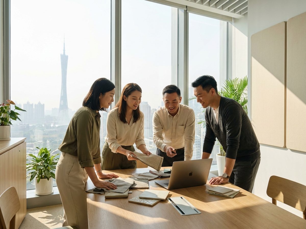 The Amity buying team collaborating over product samples in their Guangzhou office, the Canton Tower visible through the window