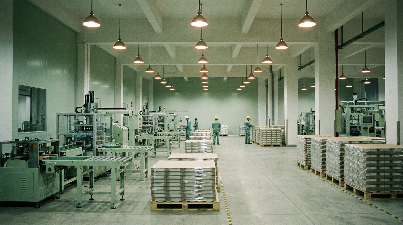A modern Guangzhou production floor with finished goods stacked on pallets, where Amity scans and audits candidate factories